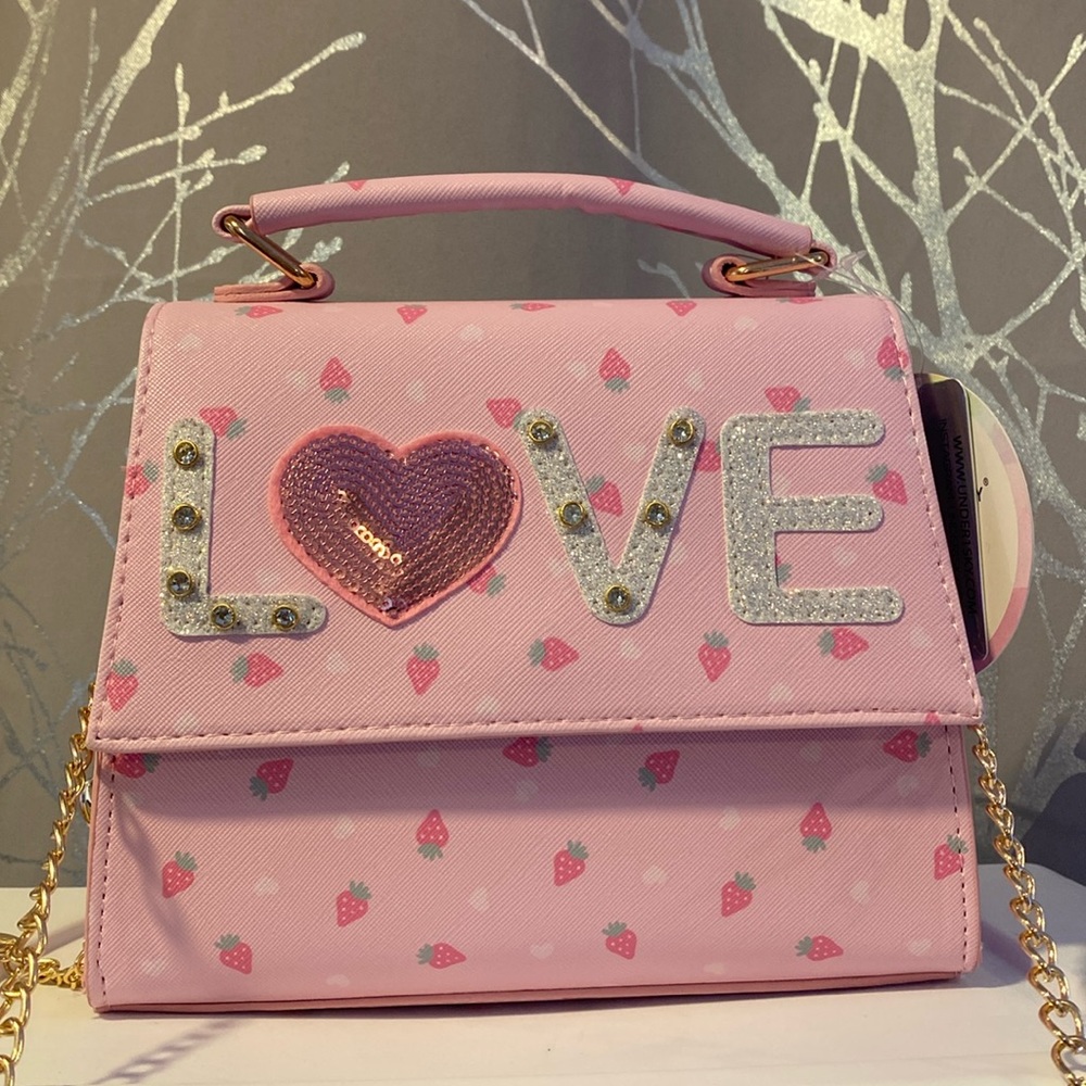 BNWT Girls "Love" Pink Strawberry Crossbody Bag